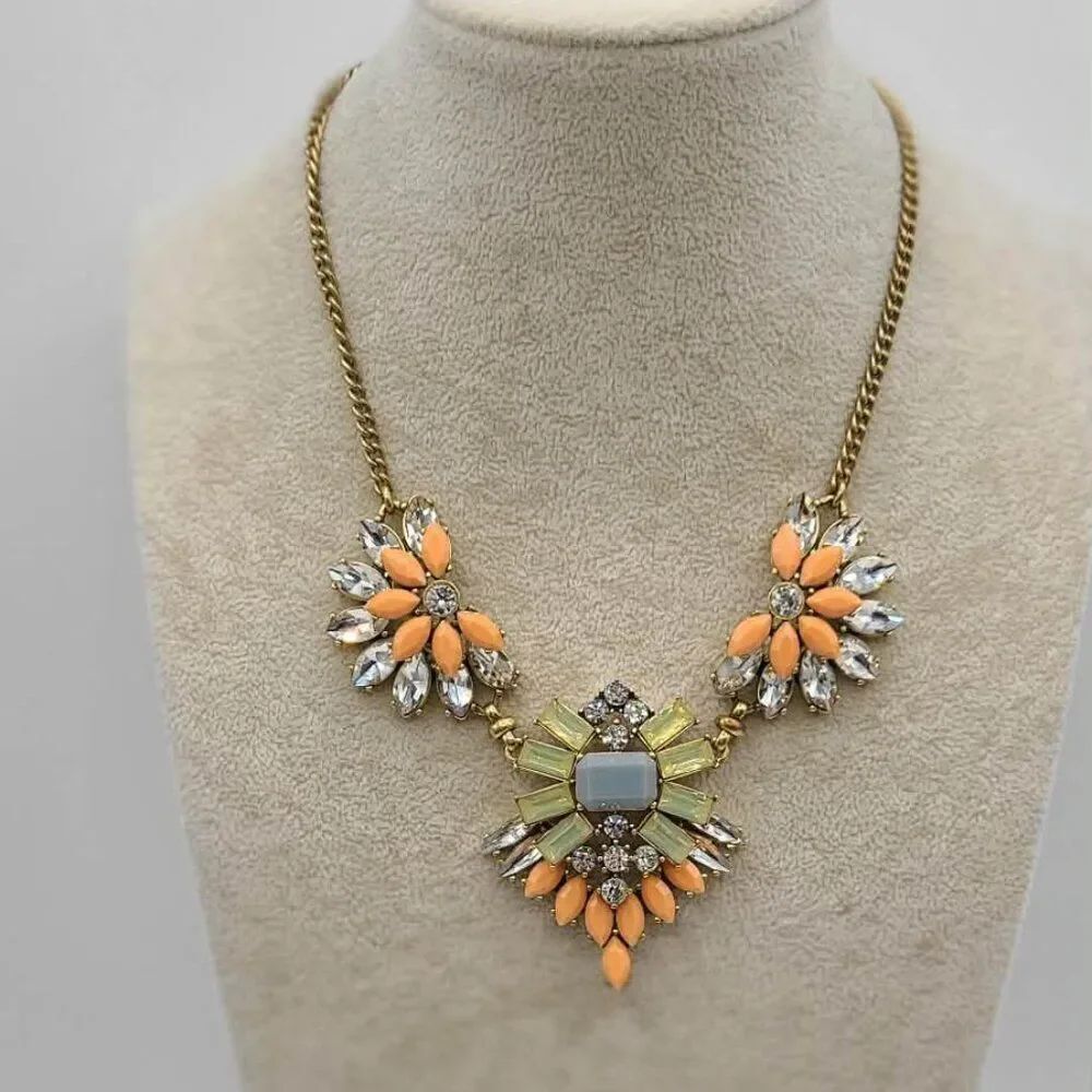 J Crew Clear Crystal with Pink Blue Resin Gold Tone Statement Necklace